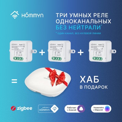 Комплект три умных реле (1 канал без нейтрали) и хаб HOMMYN RNN01HOMKIT08 Комплект три умных реле (1 канал без нейтрали) и хаб HOMMYN RNN01HOMKIT08