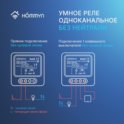 Комплект три умных реле (1 канал без нейтрали) и хаб HOMMYN RNN01HOMKIT08 Комплект три умных реле (1 канал без нейтрали) и хаб HOMMYN RNN01HOMKIT08