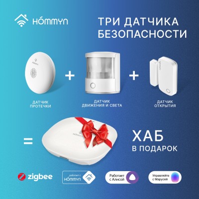 Комплект три датчика безопасности и хаб Старт HOMMYN S3HOMKIT02 Комплект три датчика безопасности и хаб Старт HOMMYN S3HOMKIT02