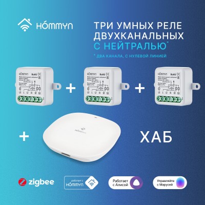 Комплект три умных реле (2 канала с нейтралью) и хаб HOMMYN RN02HOMKIT11 Комплект три умных реле (2 канала с нейтралью) и хаб HOMMYN RN02HOMKIT11